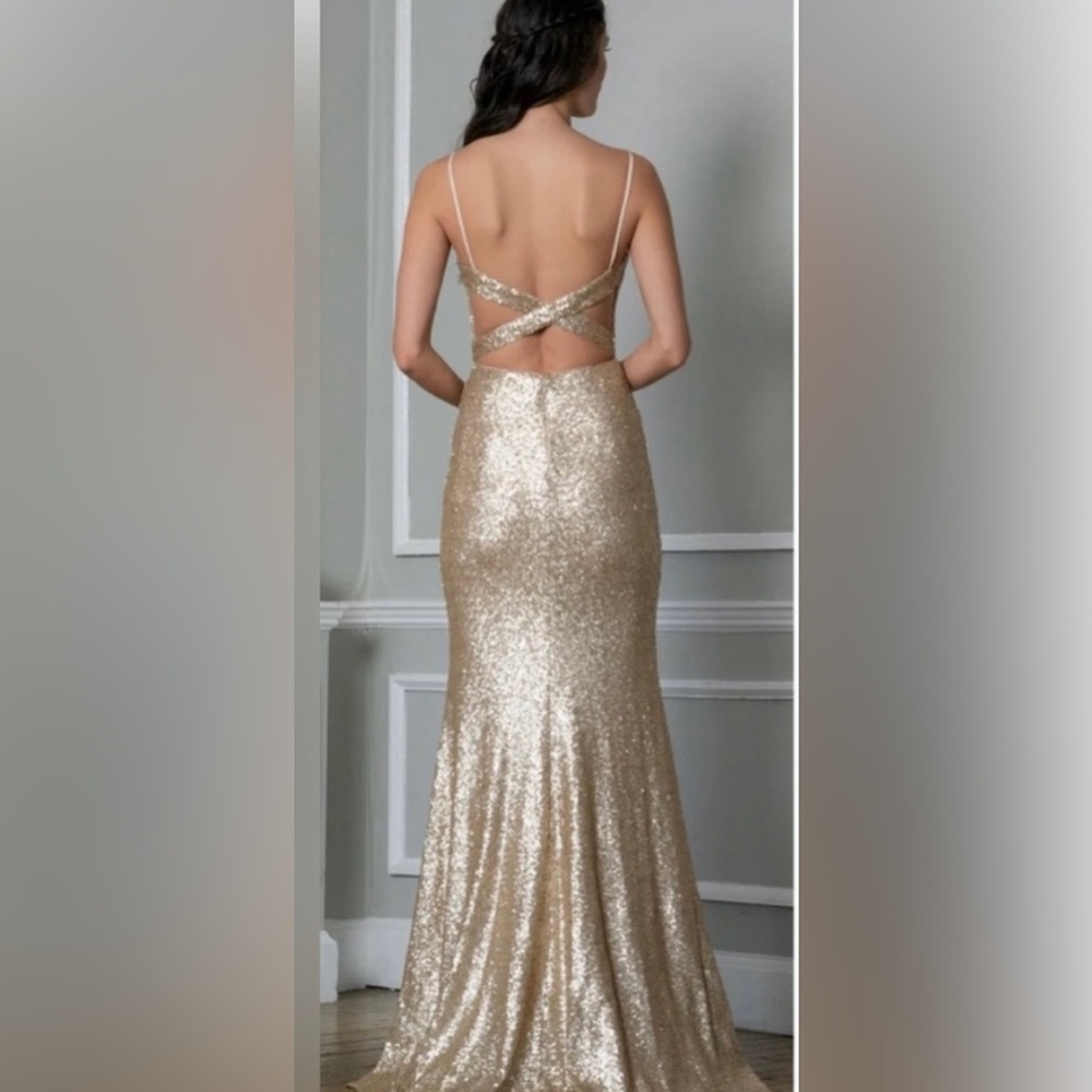 Theia Gold Sequin Crisscrossed open back gown size 10